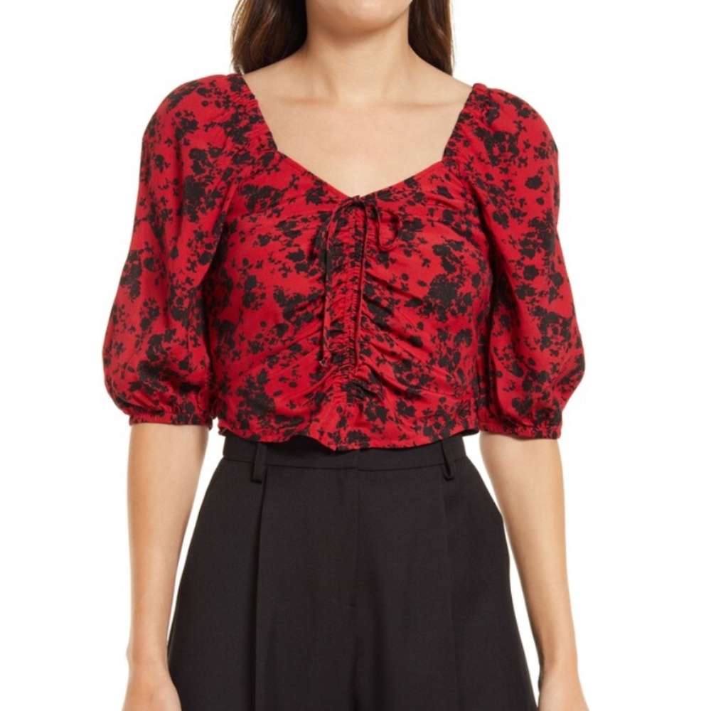 Open Edit Tie Front Puff Sleeve Crop Top Red and Black  XS Nordstrom